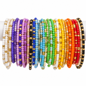 a mix of rainbow color and gold seed bead bracelets