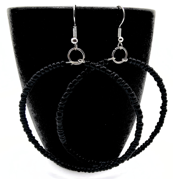 Solid Black Beaded Hoop Earrings